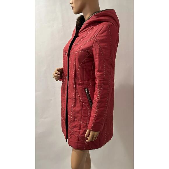 Leega Jacket Coat Red Embroiders Mink And Rabbit Fur Linen Medium Hooded - Picture 5 of 16